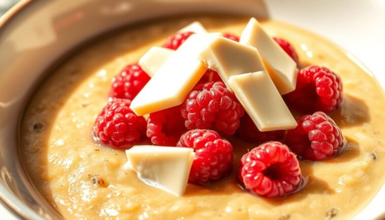 Himbeer-Porridge mit weißer Schokolade