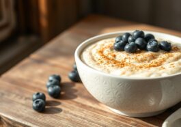 Kaltes Porridge mit Blaubeeren