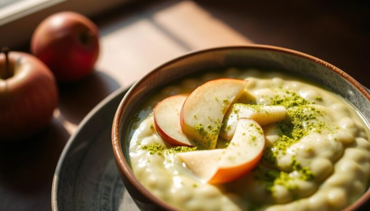 Matcha-Porridge mit Apfelstücken