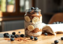 Overnight Oats mit Banane, Kakao, Heidelbeeren