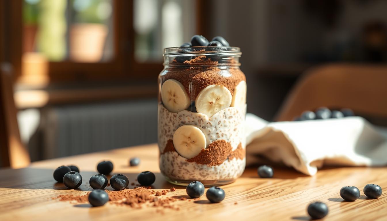 Overnight Oats mit Banane, Kakao, Heidelbeeren