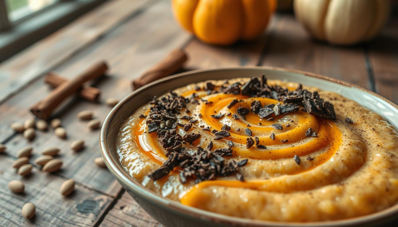 Veganes Porridge mit Kürbismus und Schokolade